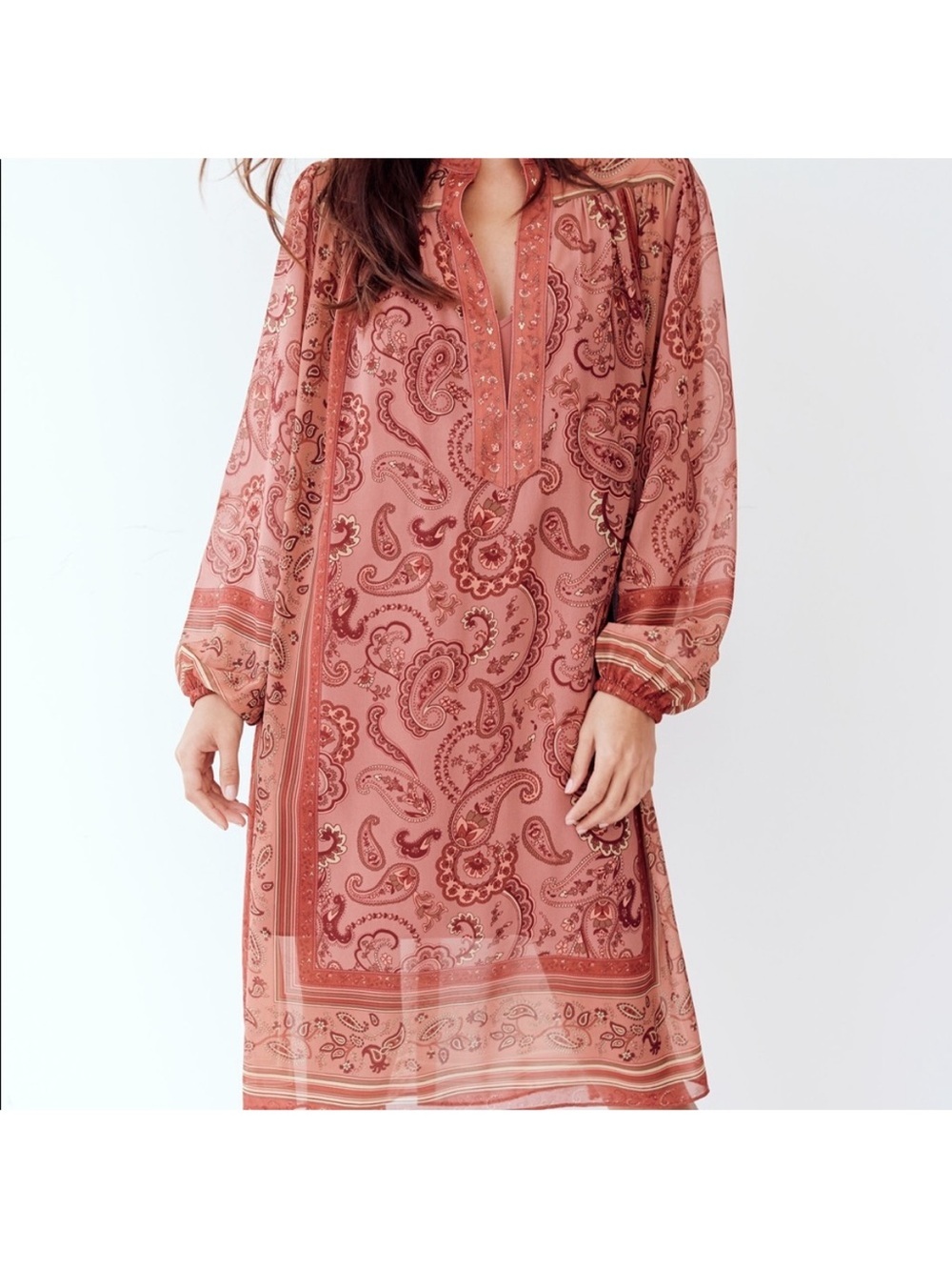 NWT Wilfred Solene Boho Dress Chiffon Long Sleeve Hippie Terracotta Rust Folk - Picture 4 of 13